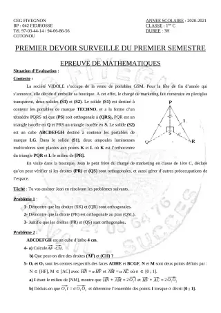 Première page de Mathématiques 1ère C — 1er devoir surveillé, 1er semestre (2020-2021) · CEG FIYEGNON