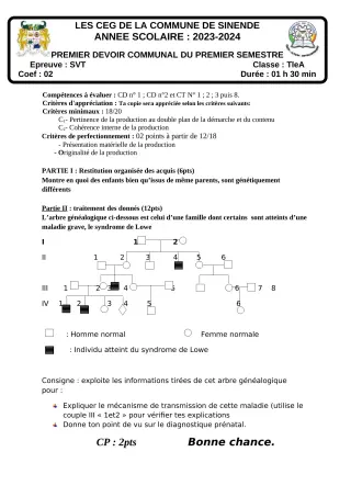 Première page de SVT Tle A2 — 1er devoir surveillé, 1er semestre (2023-2024) · CEG SEKERE