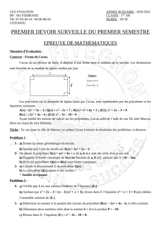 Première page de Mathématiques 1ère A2, 1ère B — 1er devoir surveillé, 1er semestre (2020-2021) · CEG FIYEGNON