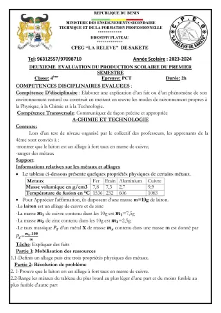 Première page de PCT 4e — Production scolaire, 1er semestre (2023-2024) · CPEG LA RELEVE