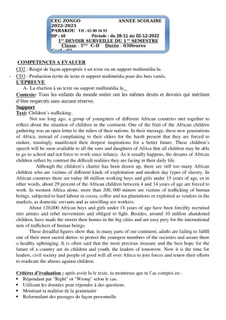 Première page de Anglais 1ère C, 1ère D — 1er devoir surveillé, 1er semestre (2022-2023) · CEG ZONGO