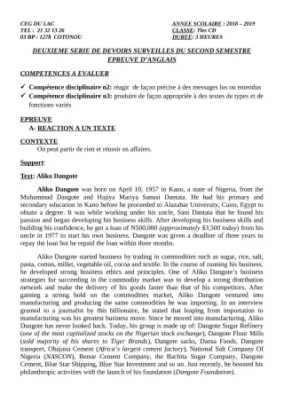 Première page de Anglais Tle C, Tle D — 2e devoir surveillé, 2e semestre (2018-2019) · CEG du Lac