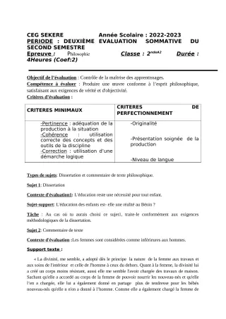 Première page de Philosophie 2nde A2 — 2e évaluation sommative, 2e semestre (2022-2023) · CEG SEKERE
