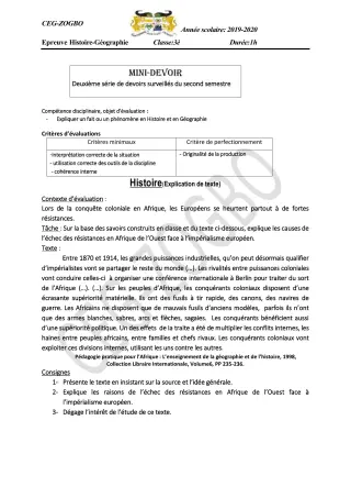 Première page de Histoire-Géographie 3e, 3e ML — 2e devoir surveillé, 2e semestre (2019-2020) · CEG ZOGBO