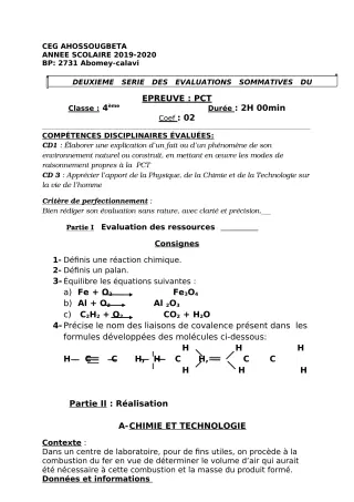 Première page de PCT 4e — Évaluation sommative (2019-2020) · CEG Ahossougbéta