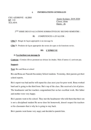 Première page de Anglais 6e, 4e ML&MC — 2e évaluation sommative, 2e semestre (2019-2020) · CEG AZOHOUE-ALIHO