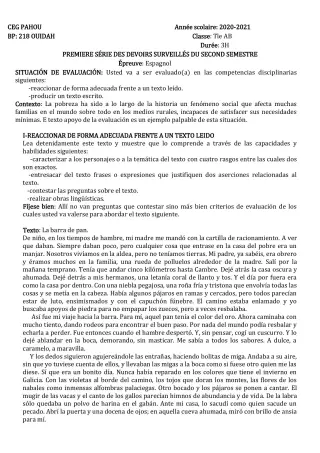 Première page de Espagnol Tle A1, Tle A2, Tle B — 1er devoir surveillé, 2e semestre (2020-2021) · CEG PAHOU