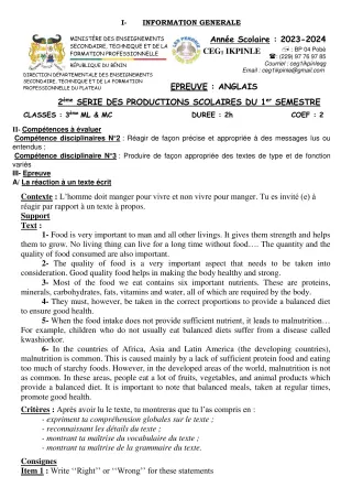 Première page de Anglais 6e, 5e, 4e, 3e — 2e production scolaire, 1er semestre (2023-2024) · CEG1 Ikpinlè
