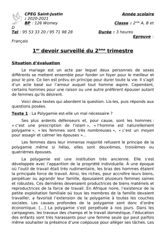 Première page de Français 2nde A1, 2nde A2, 2nde B, 2nde C, 2nde D — 1er devoir surveillé, 2e trimestre (2020-2021) · CPEG SAINT Justin