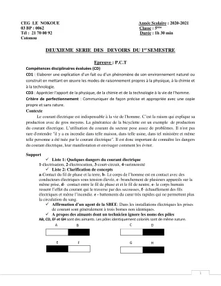 Première page de PCT 5e — 2e devoir surveillé, 1er semestre (2020-2021) · CEG LE NOKOUE