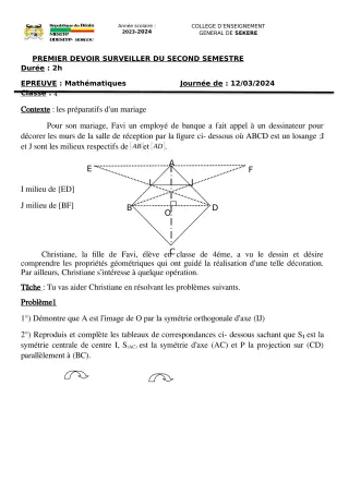 Première page de Mathématiques 4e — 1er devoir surveillé, 2e semestre (2023-2024) · CEG SEKERE