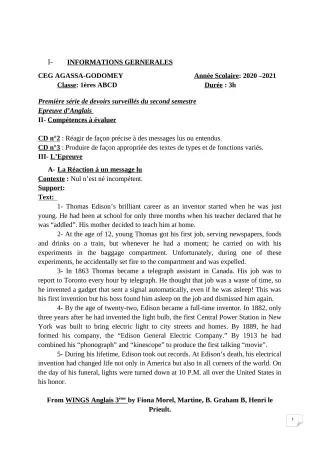 Première page de Anglais 1ère A, 1ère B, 1ère C, 1ère D — 1er devoir surveillé, 2e semestre (2020-2021) · CEG Agassa Godomey