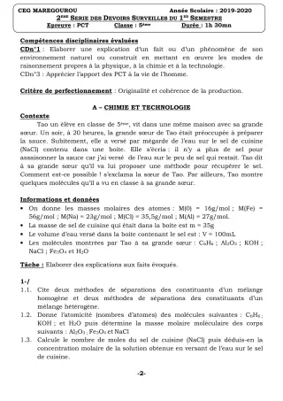 Première page de PCT 5e — Devoir surveillé, 1er semestre (2019-2020) · CEG MAREGOUROU