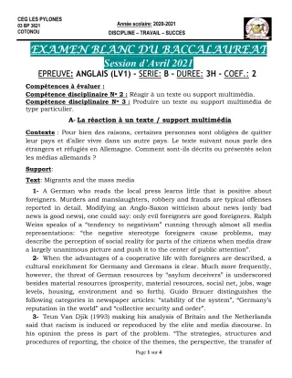 Première page de Examen Blanc de ANGLAIS — Tle B — CEG Les Pylônes (2020)