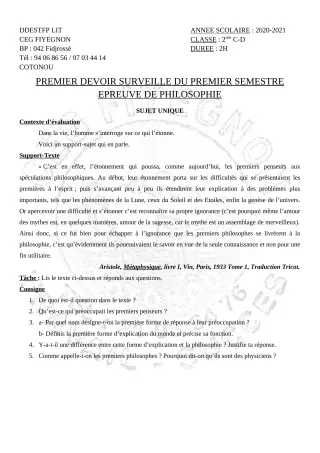 Première page de Philosophie 2nde C, 2nde D — 1er devoir surveillé, 1er semestre (2020-2021) · CEG FIYEGNON