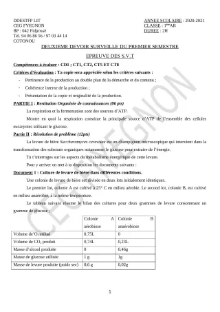 Première page de SVT 1ère A2, 1ère B — 2e devoir surveillé, 1er semestre (2020-2021) · CEG FIYEGNON