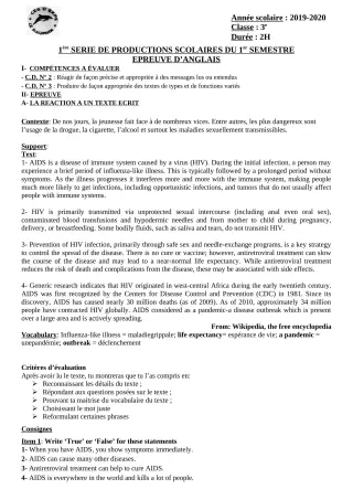 Première page de Anglais 6e, 5e, 4e, 4e ML, 4e ML&MC, 3e, 3e ML — 1re production scolaire, 1er semestre (2019-2020) · CEG II EKPE