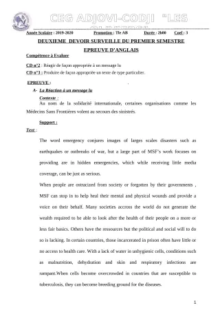 Première page de Anglais Tle B — 2e devoir surveillé, 1er semestre (2019-2020) · CEG ADJOVICODJI 'LES OLIVIERS'
