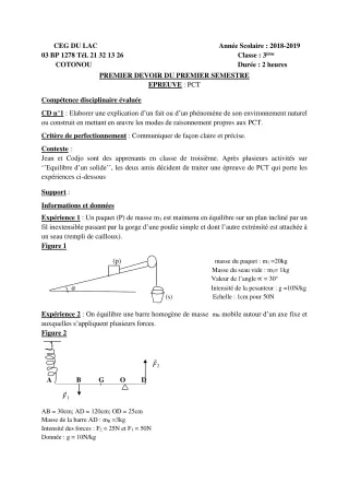 Première page de PCT 3e — 1er devoir surveillé, 1er semestre (2018-2019) · CEG du Lac