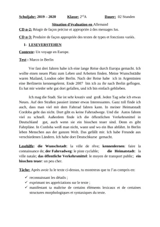 Première page de Devoir surveillé de ALLEMAND — 2nde A1, 2nde A2, 2nde B — CPEG Roger LAFIA (2019)