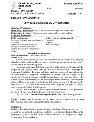 Première page de Philosophie 2nde A2, 2nde B, 2nde C, 2nde D, 1ère A2, 1ère B, 1ère C, 1ère D — 2e devoir surveillé, 2e trimestre (2020-2021) · CPEG SAINT Justin