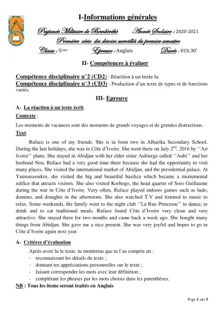 Première page de Anglais 5e — 1er devoir surveillé, 1er semestre (2020-2021) · PMB