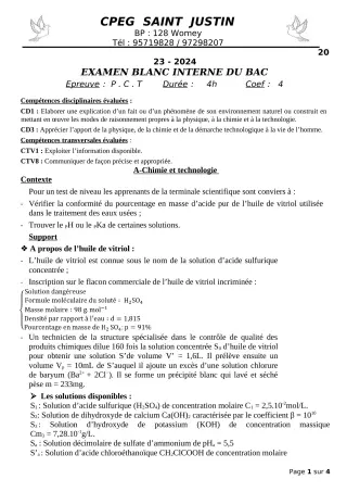 Première page de Devoir surveillé de PCT — Tle D — CPEG SAINT Justin (2023)