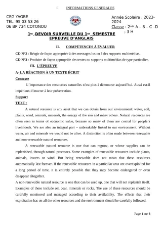 Première page de Anglais 2nde A, 2nde B, 2nde C, 2nde D — 1er devoir surveillé, 1er semestre (2023-2024) · CEG Yagbe