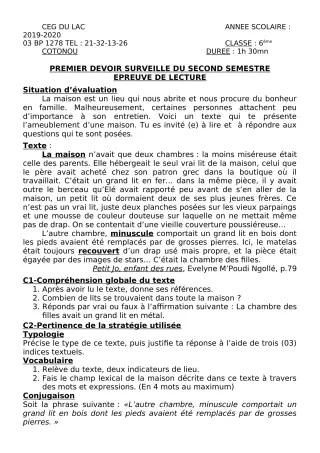Première page de Français 6e — 1er devoir surveillé, 2e semestre (2019-2020) · CEG du Lac