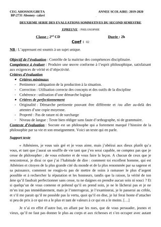 Première page de Philosophie 2nde C, 2nde D — 2e évaluation sommative, 2e semestre (2019-2020) · CEG Ahossougbéta