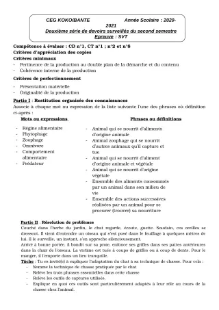 Première page de SVT 6e, 5e, 4e, 3e, 3e ML, 2nde A1, 2nde A2, 2nde D, 1ère A1, 1ère A2, 1ère D, Tle A1, Tle A2, Tle D — 2e devoir surveillé, 2e semestre (2020-2021) · CEG KOKO