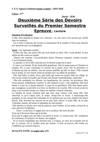 Première page de Français 6e — 2e devoir surveillé, 1er semestre (2019-2020) · CEG Agassa Godomey