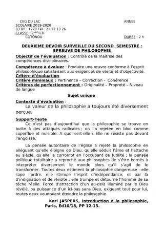 Première page de Philosophie 2nde C — 2e devoir surveillé, 2e semestre (2019-2020) · CEG du Lac