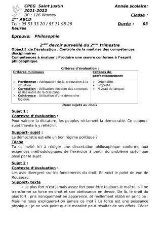 Première page de Philosophie 1ère A2, 1ère B, 1ère C, 1ère D — 2e devoir surveillé, 2e trimestre (2021-2022) · CPEG SAINT Justin