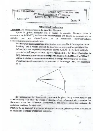 Première page de Mathématiques 3e, 3e ML — Devoir surveillé, 2e semestre (2018-2019) · CEG Gbegourou