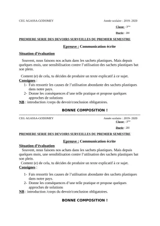Première page de Français 3e, 3e ML — 1er devoir surveillé, 1er semestre (2019-2020) · CEG Agassa Godomey