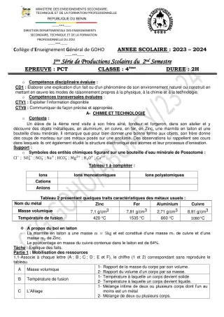 Première page de PCT 4e — 1re production scolaire, 2e semestre (2023-2024) · CEG GOHO