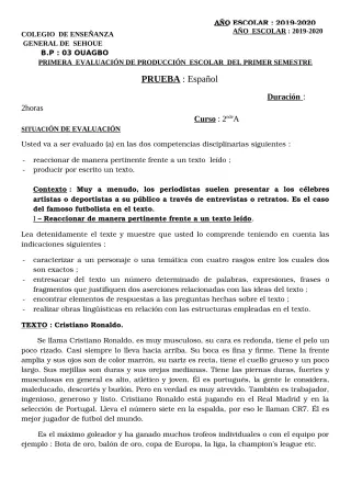 Première page de Espagnol 2nde A1, 2nde A2, 1ère A2, 1ère B, Tle A2, Tle B — 2019-2020 · CEG SEHOUE