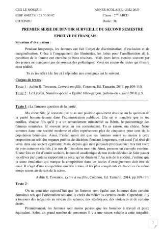 Première page de Français 2nde A1, 2nde A2, 2nde B, 2nde C, 2nde D — 1er devoir surveillé, 2e semestre (2022-2023) · CEG LE NOKOUE