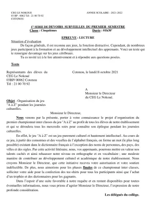 Première page de Français 5e — 1er devoir surveillé, 1er semestre (2021-2022) · CEG LE NOKOUE