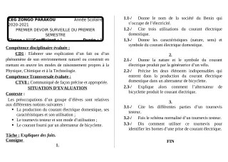 Première page de PCT 5e, Tle C — 1er devoir surveillé, 1er semestre (2020-2021) · CEG ZONGO