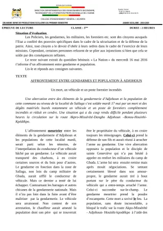 Première page de Français 6e — 2e production scolaire, 1er semestre (2019-2020) · CEG1 Adjarra