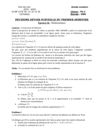 Première page de Mathématiques Tle C — 2e devoir surveillé, 1er semestre (2019-2020) · CEG du Lac
