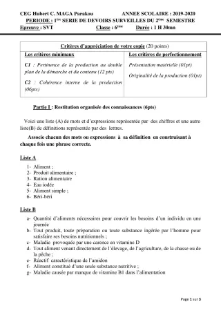 Première page de SVT 6e — 1er devoir surveillé, 2e semestre (2019-2020) · CEG Hubert C. MAGA