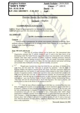 Première page de Histoire-Géographie 1ère A2, 1ère B — 1er devoir surveillé, 1er trimestre (2019-2020) · CPEG GOD'S TIME
