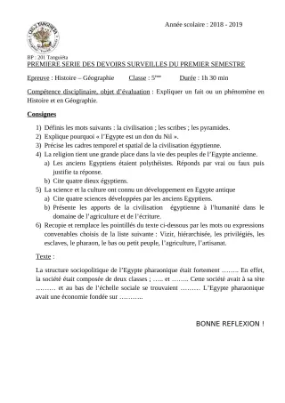 Première page de Histoire-Géographie 5e — 1er devoir surveillé, 1er semestre (2018-2019) · CEG2 TANGUIETA