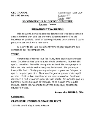 Première page de Français 5e — 2e devoir surveillé, 2e semestre (2019-2020) · CEG Tankpè