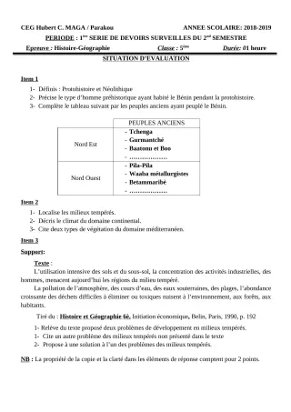Première page de Histoire-Géographie 5e — 1er devoir surveillé, 2e semestre (2018-2019) · CEG Hubert C. MAGA