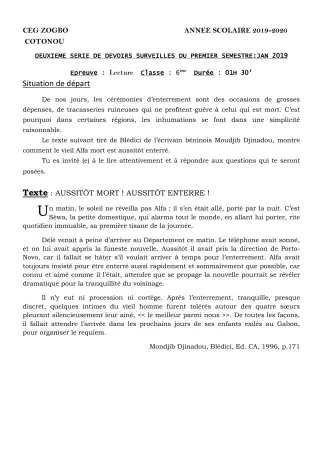 Première page de Français 6e — 2e devoir surveillé, 1er semestre (2019-2020) · CEG ZOGBO