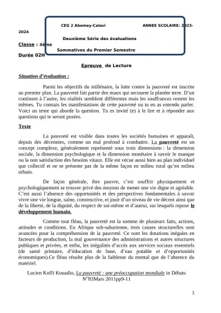 Première page de Français 4e — 2e évaluation sommative, 1er semestre (2023-2024) · CEG2 ABOMEY - CALAVI (CEG ZOCA)